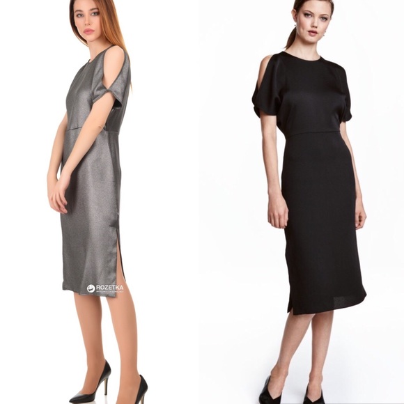 H&M Crepe Midi Dress Silver Cold Shoulder SZ 2 - Picture 6 of 7